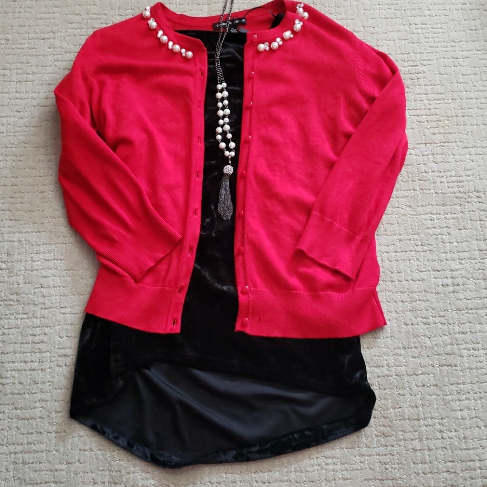 Red pearl rhinestone cardigan